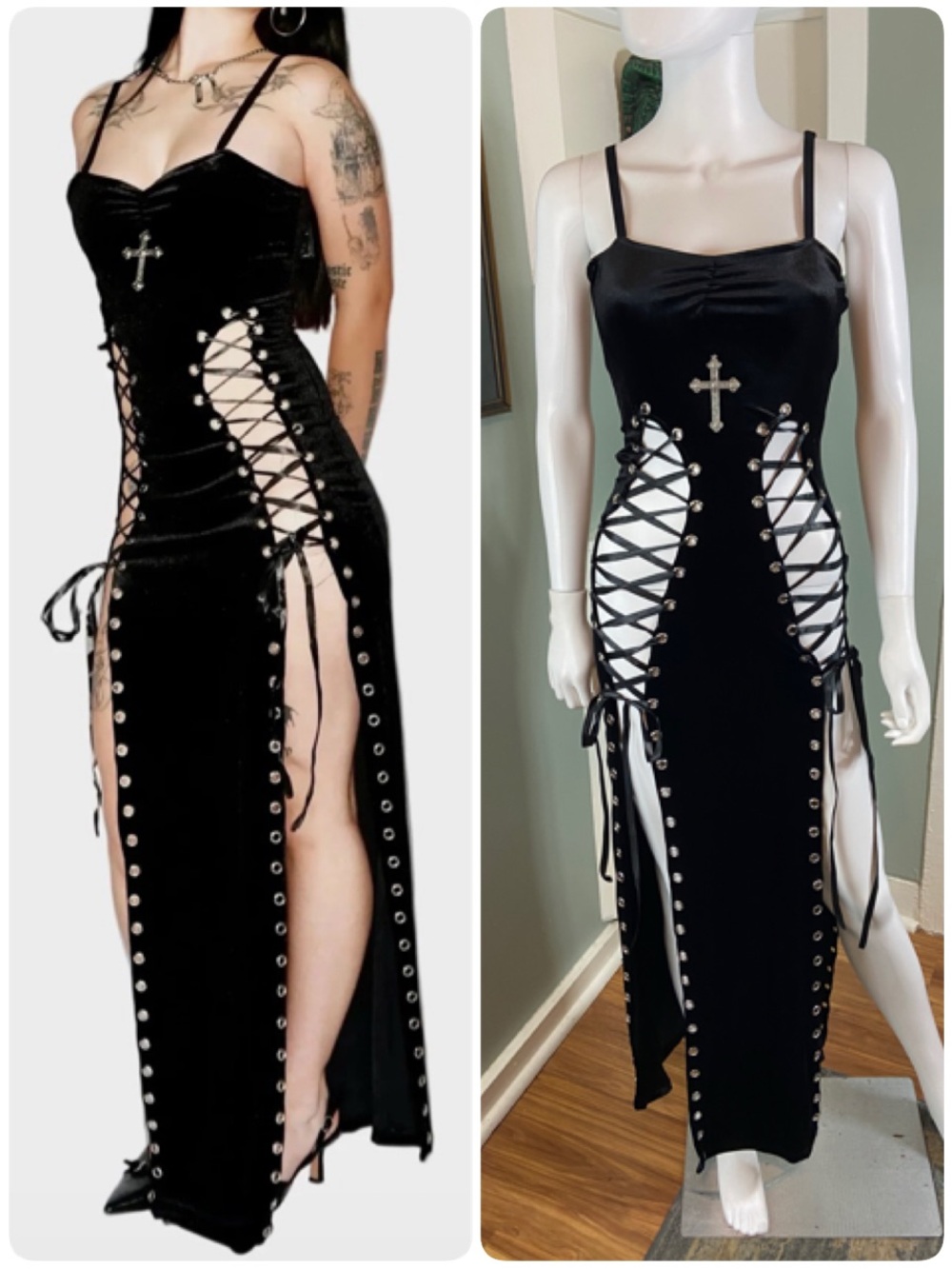 FM2U from me 2 u Ravencross Black Lace-Up Velvet Maxi Dress Witchy Goth Vamp XS